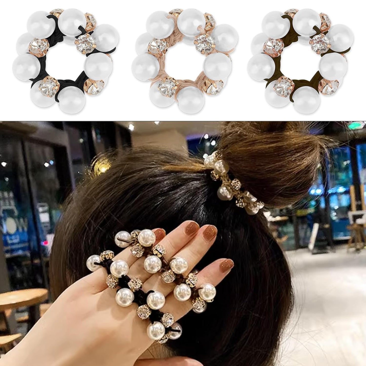 3Pcs Pearl Hair Bands Fancy Crystal Stretchy Hair Ties Handmade Rhinestone Hair Ropes