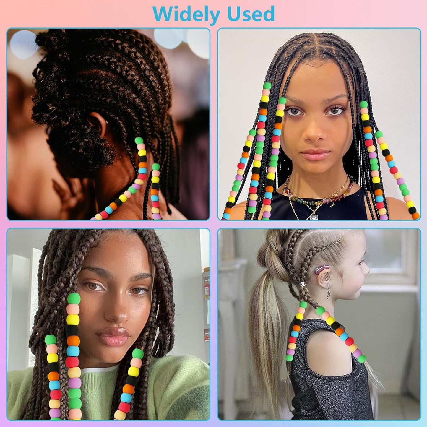 50Pcs Girls & Girls Hair Beads, Silicone Decors with Colorful Rubber Bands, Threader and Plastic Box - Pony Beads