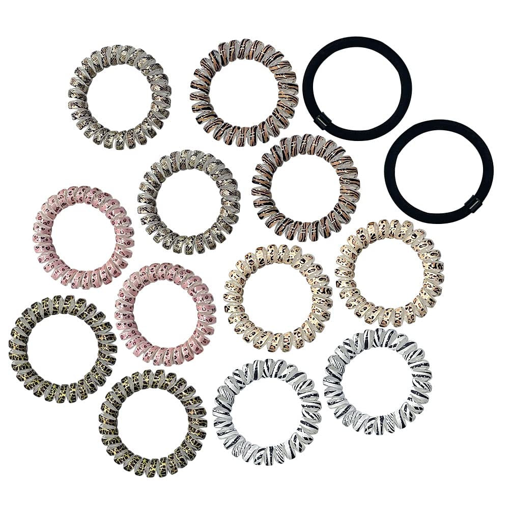 Belijiu Spiral Coil Hair Ties - Animal Pattern 12P - Phone Cord Hair Ties, Elastic Hair Ties for Women, Wrinkle Free, Long Lasting, Ponytail, Pain Free Hair Accessories, Curly, Straight Hair, All Hair