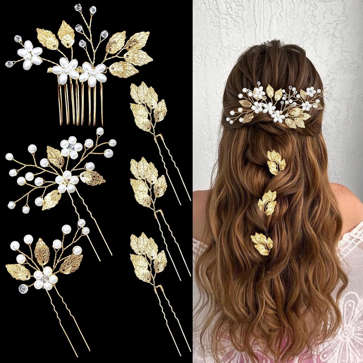 6 Pieces Wedding Pins Gold Leaf Bridal Head Piece Crystal Pearl Floral Hair Vintage Wedding Hair Clips 