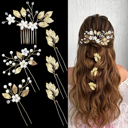 6 Pieces Wedding Pins Gold Leaf Bridal Head Piece Crystal Pearl Floral Hair Vintage Wedding Hair Clips 