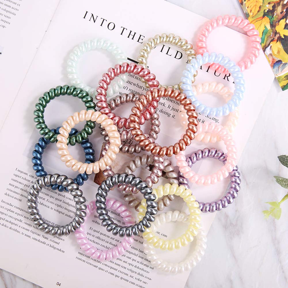 Spiral Ties, Phone Cord Coils Hair Ties- 20 Pcs,Pearl Color