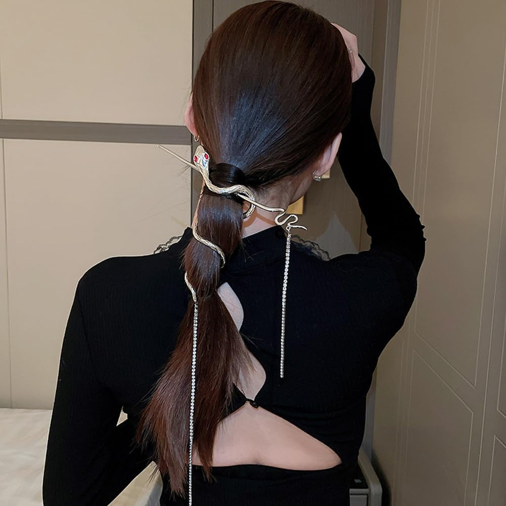Metal Snake Hair Sticks Rhinestone Tassel Chopsticks Metal Distortion Punk Hairpin Headwear Vintage Gothic Hair Chain Hair Rope