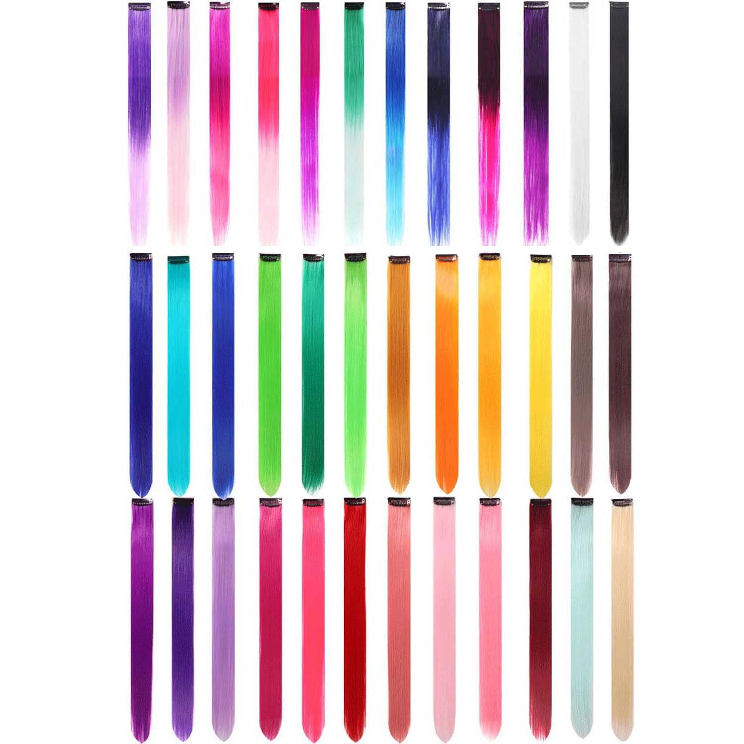 Colored Clip in Hair Extensions 22" Colorful Hair Extensions Rainbow Party Highlights Synthetic Hairpieces (36 Colors Set)