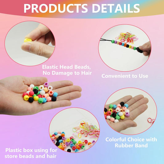 50Pcs Girls  & Girls Hair Beads, Silicone Decors with Colorful Rubber Bands, Threader and Plastic Box - Pony Beads 