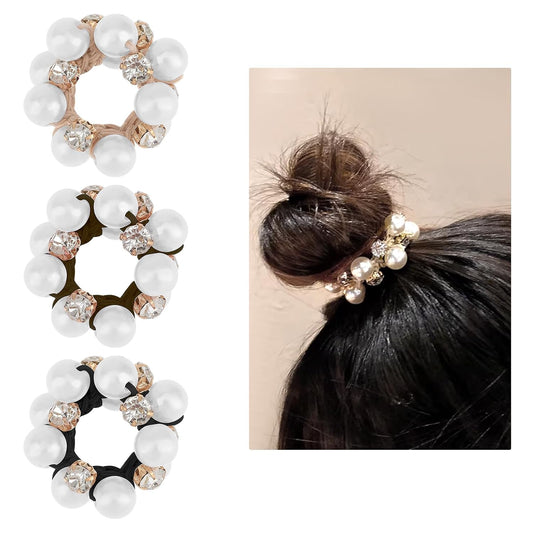 3Pcs Pearl Hair Bands Fancy Crystal Stretchy Hair Ties Handmade Rhinestone Hair Ropes