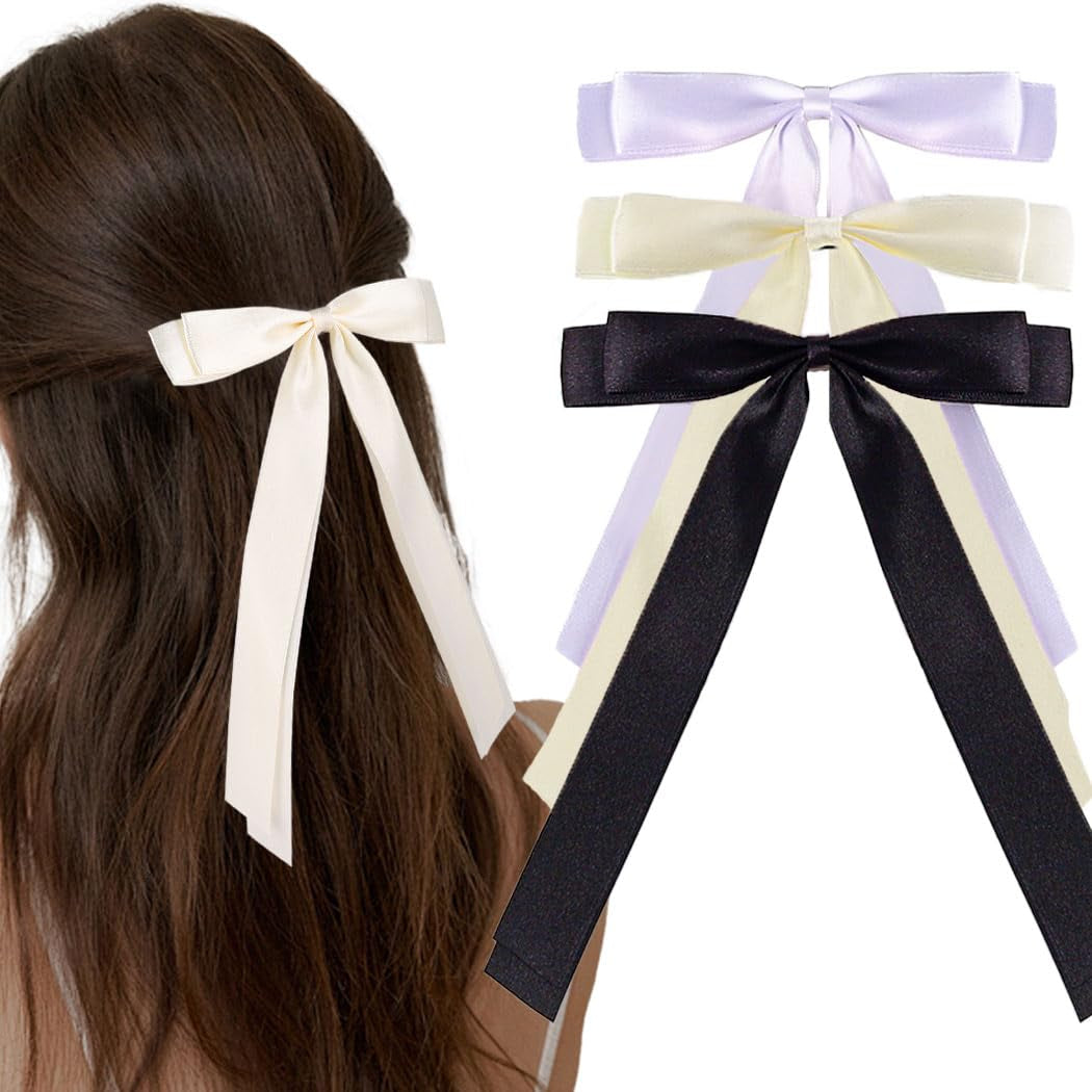 Silky Satin 3Pcs Hair Bows  Barrettes Metal Clips  for Women Hair Ribbon Long Tail 