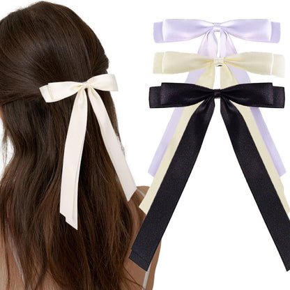 Silky Satin 3Pcs Hair Bows  Barrettes Metal Clips  for Women Hair Ribbon Long Tail 