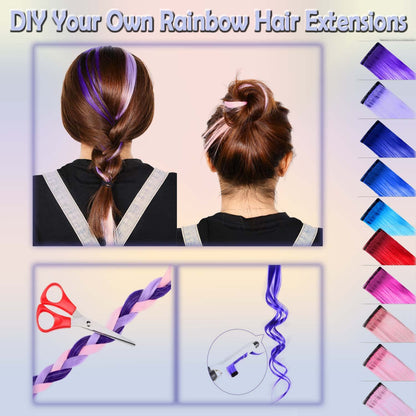 Colored Clip in Hair Extensions 22" Colorful Hair Extensions Rainbow Party Highlights Synthetic Hairpieces (36 Colors Set)