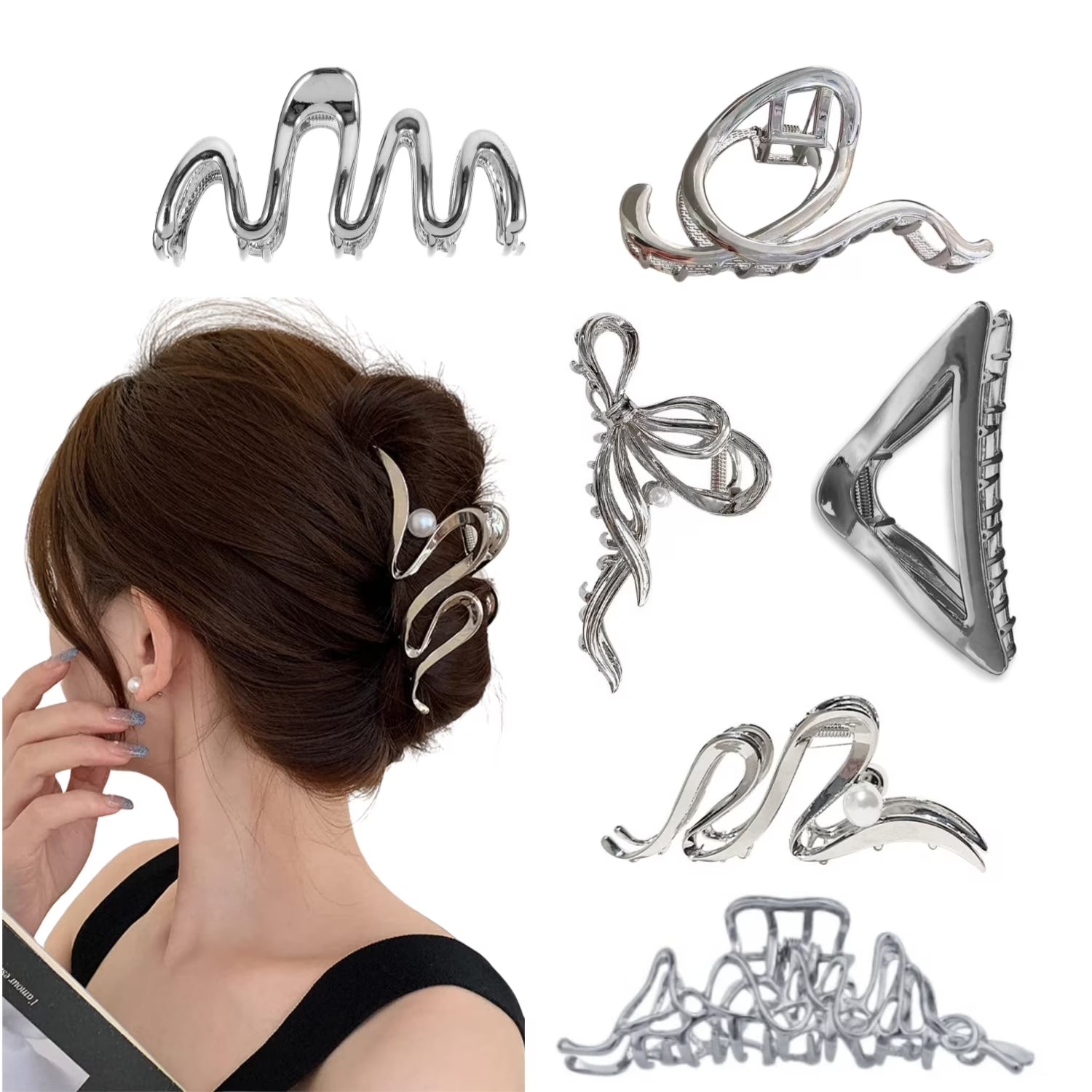 6Pcs Metal, Clips, Silver Liquid Barrettes Elegant Claw Metal Silver Hair 