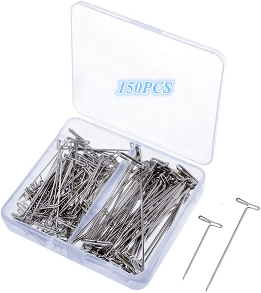 150 Pcs T Pins, Sewing Pins for Blocking Knitting, Modelling, Wig Making and Crafts, Straight Pins T-Pins Stainless Steel Nickel Plated with Storage Box (1.5 Inch，2 Inch)