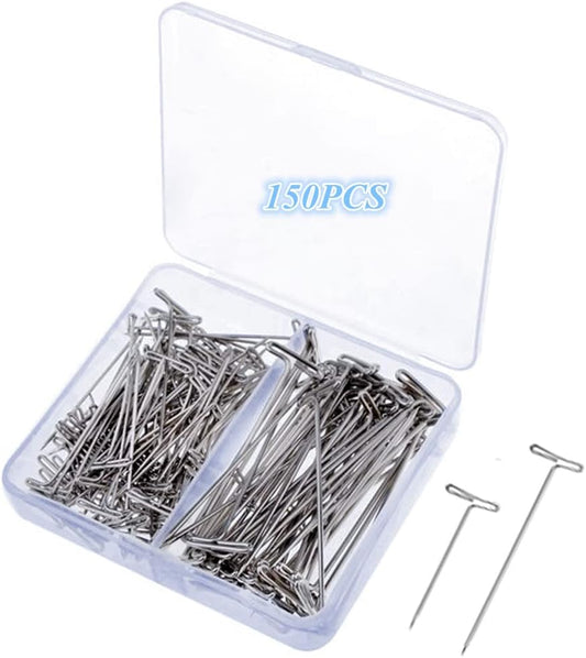 150 Pcs T Pins, Sewing Pins for Blocking Knitting, Modelling, Wig Making and Crafts, Straight Pins T-Pins Stainless Steel Nickel Plated with Storage Box (1.5 Inch，2 Inch)
