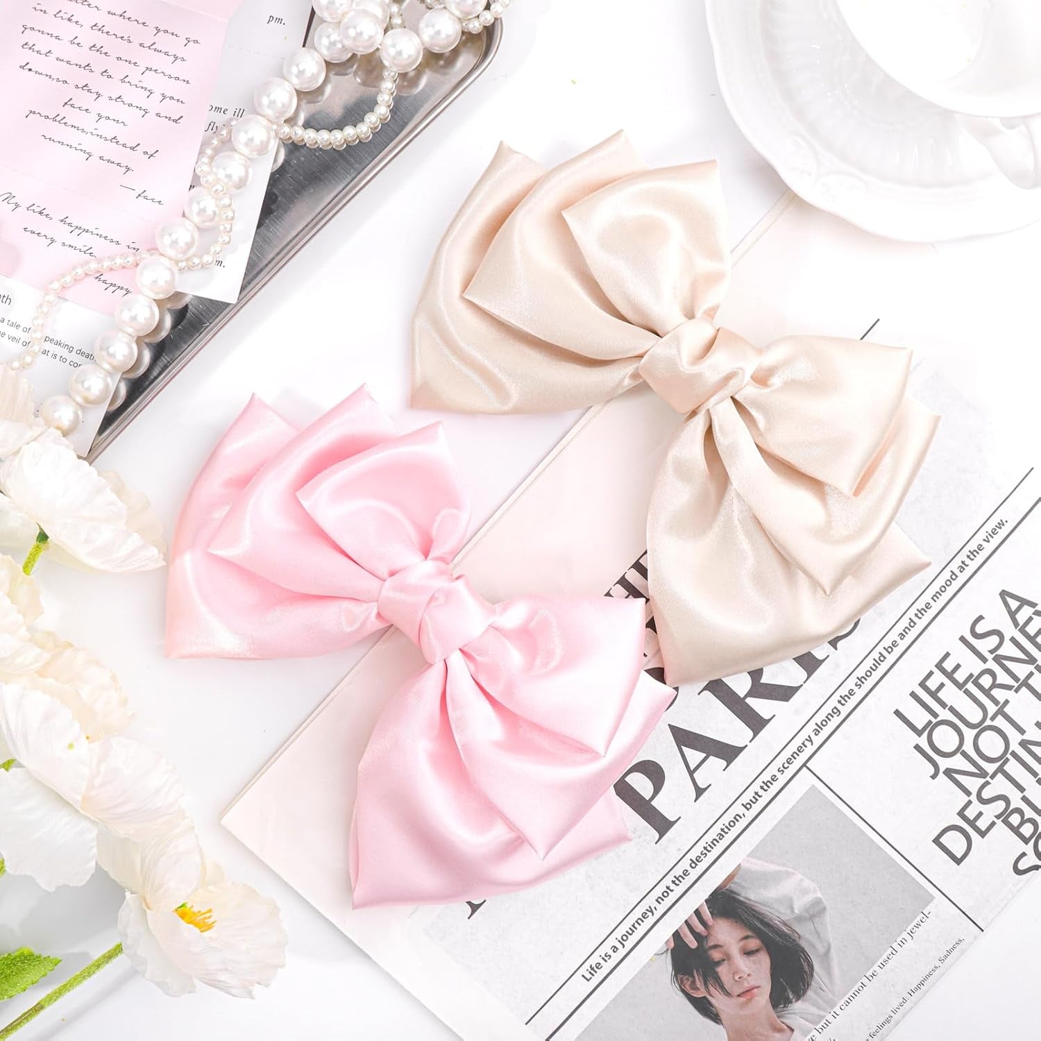  Hair Pink Oatmeal 2Pcs Bows for Women Alligator Hair Satin Silk Barrettes Coquette Bows Hair Accessories 