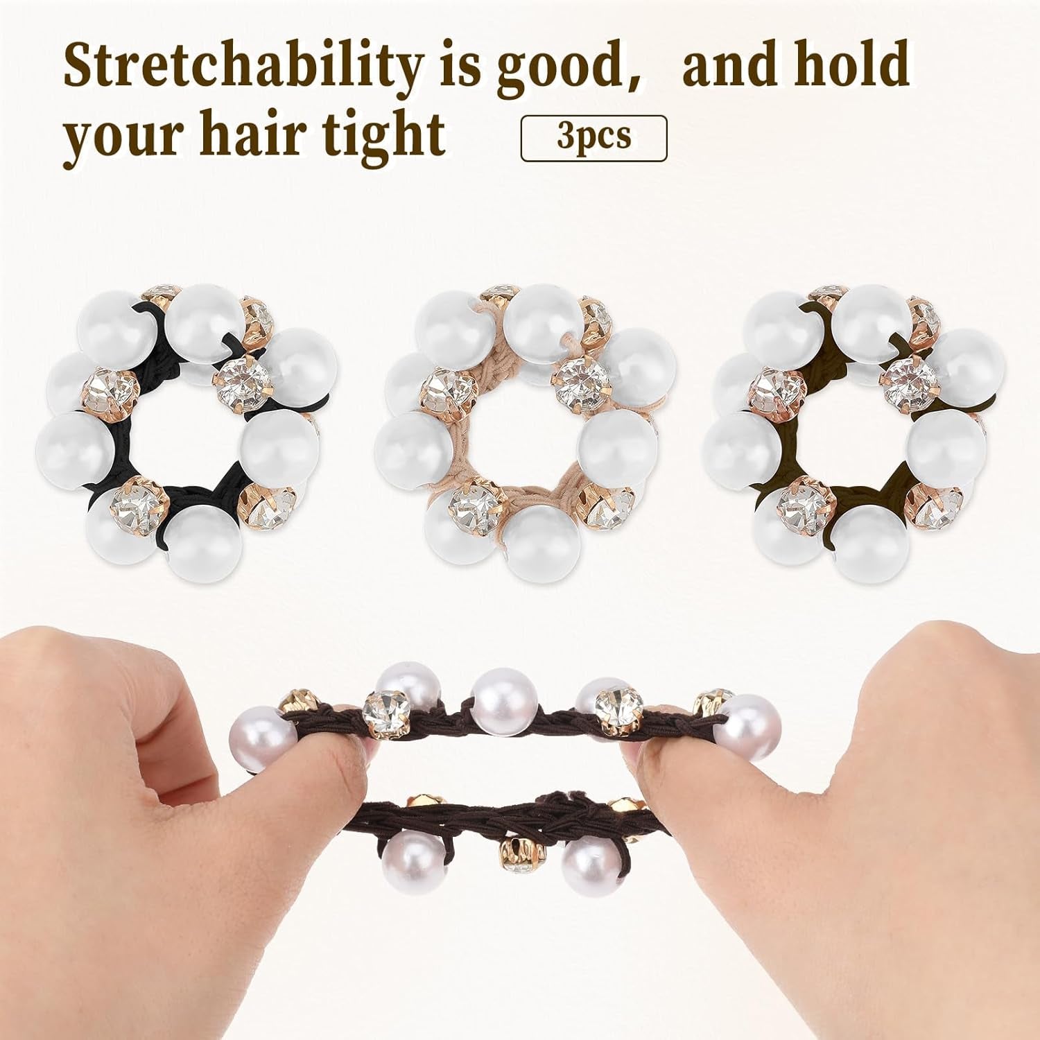 3Pcs Pearl Hair Bands Fancy Crystal Stretchy Hair Ties Handmade Rhinestone Hair Ropes