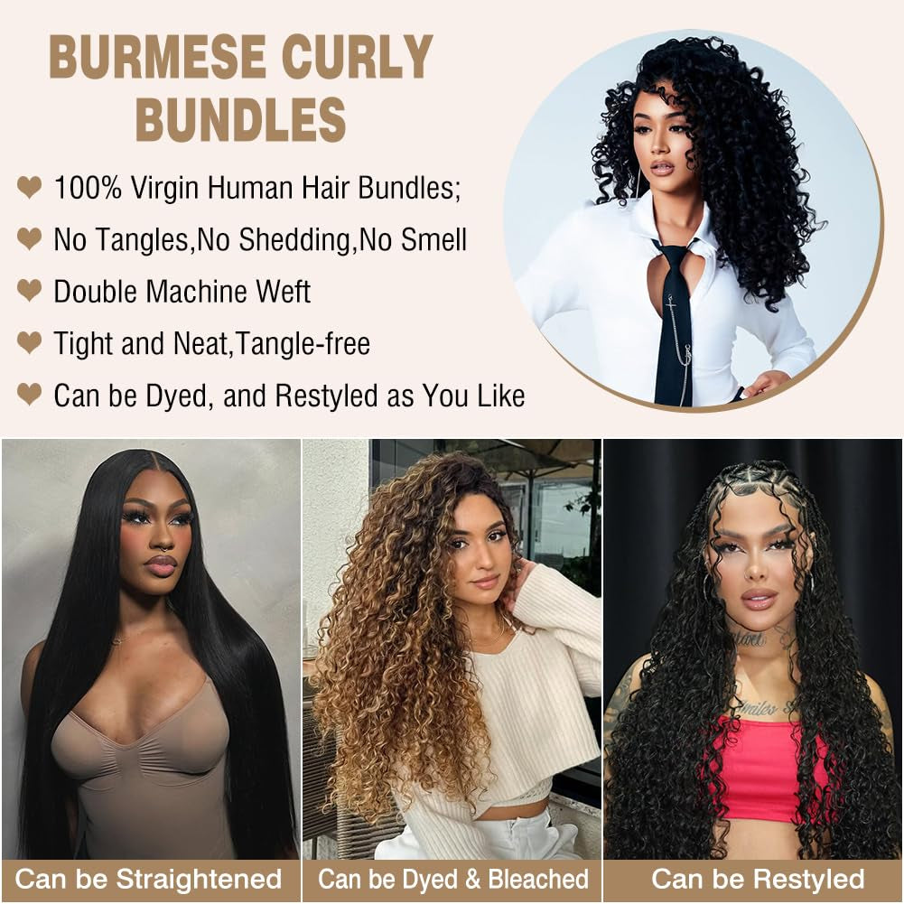 3C4A Burmese Curly Bundles Human Hair 16 18 20 22 Inch 12A Unprocessed Virgin Human Hair Water Wave 