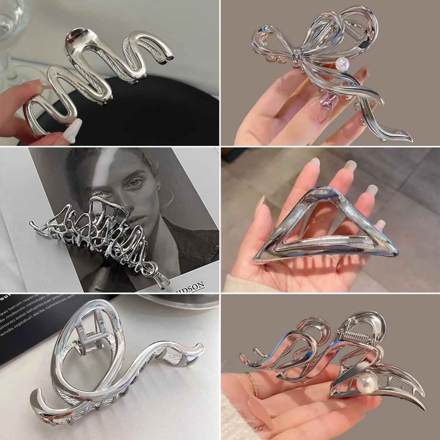 6Pcs Metal, Clips, Silver Liquid Barrettes Elegant Claw Metal Silver Hair 