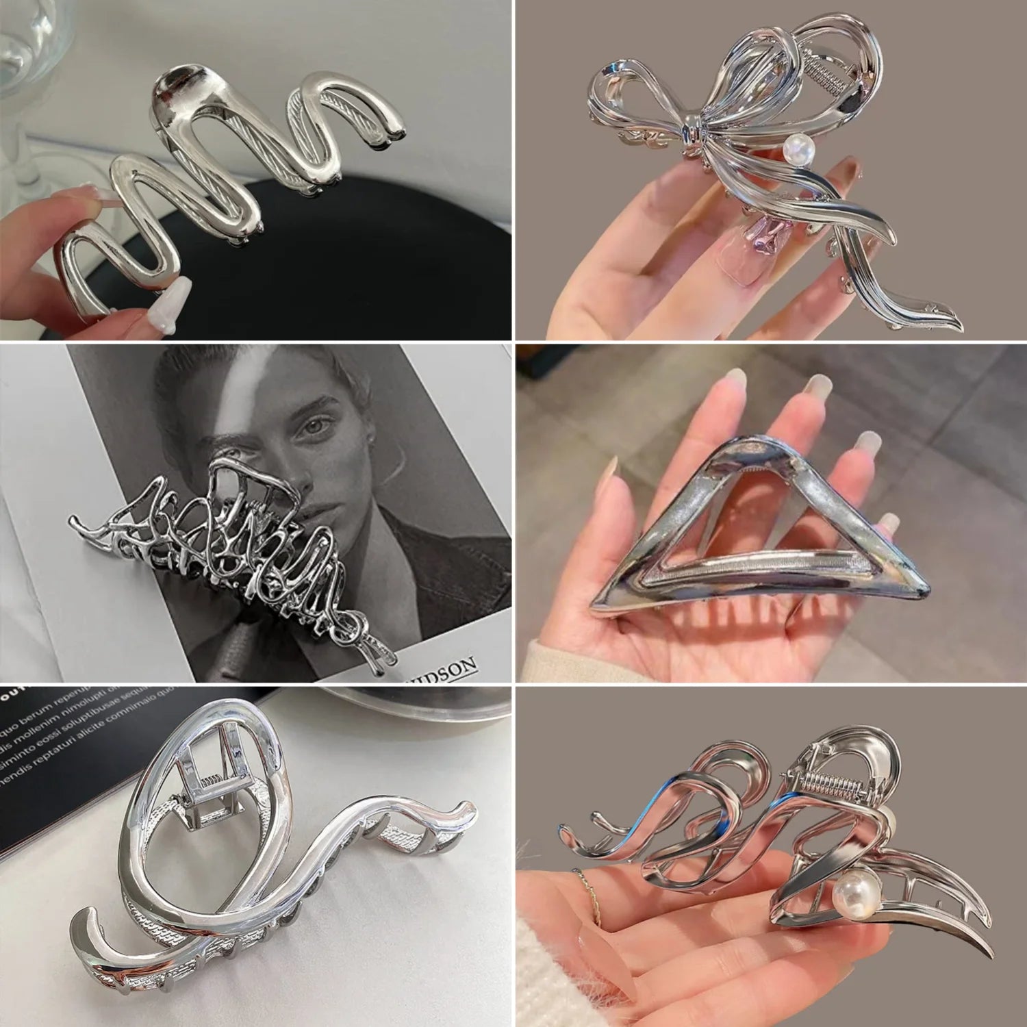 6Pcs Metal, Clips, Silver Liquid Barrettes Elegant Claw Metal Silver Hair 