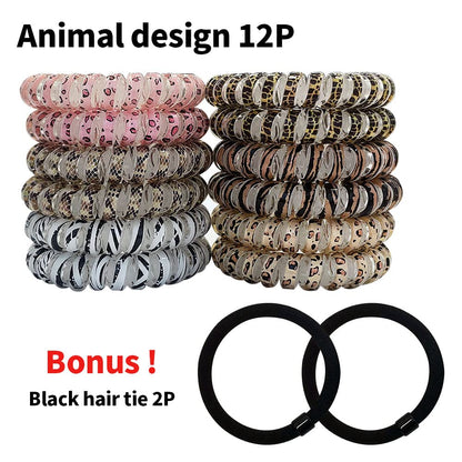 Belijiu Spiral Coil Hair Ties - Animal Pattern 12P - Phone Cord Hair Ties, Elastic Hair Ties for Women, Wrinkle Free, Long Lasting, Ponytail, Pain Free Hair Accessories, Curly, Straight Hair, All Hair