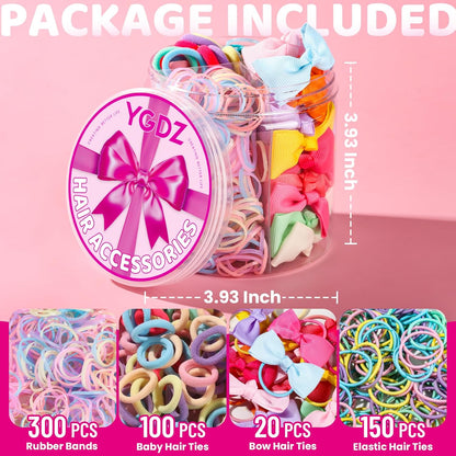 Hair Accessories Set: 300 Elastic Rubber Bands, 150 Small Hair Ties for Toddlers and teens, 100 Bands for Thin Hair, 20 Baby Hair Bows