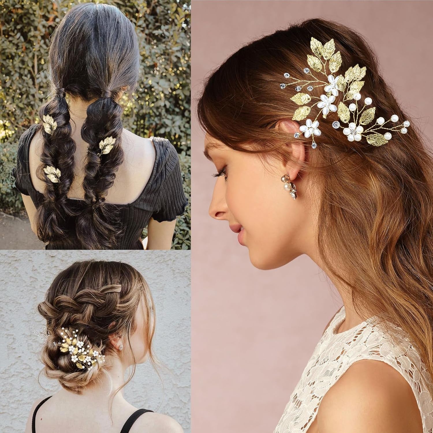 6 Pieces Wedding Pins Gold Leaf Bridal Head Piece Crystal Pearl Floral Hair Vintage Wedding Hair Clips 