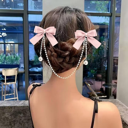Satin Bow Clips Pearl Tassel Chain Barrettes Pink Claw Clip Hairpins Sweet 