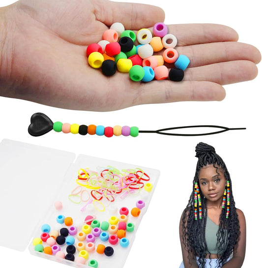 50Pcs Girls  & Girls Hair Beads, Silicone Decors with Colorful Rubber Bands, Threader and Plastic Box - Pony Beads 