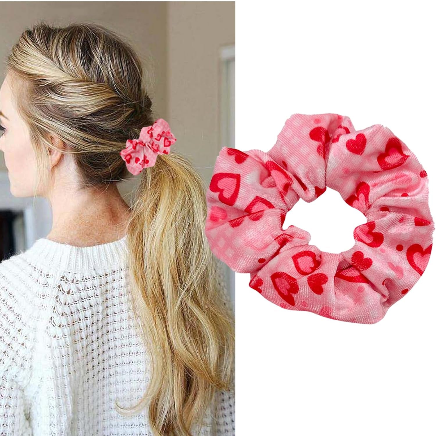 Heart Hair Scrunchies Elastics Hair Band Ponytail Holder Velvet Hair Ropes for Women Girls Valentines Hair Accessories Pink White Red 3PCS