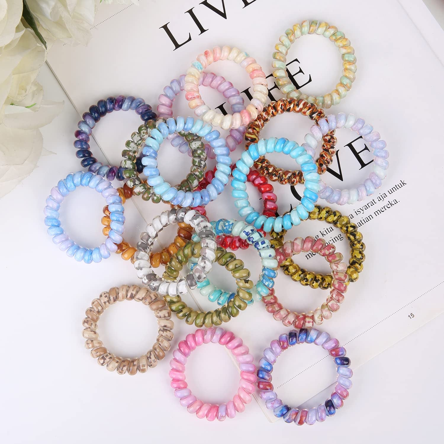 Spiral Hair Ties Phone Cord Hair Ties, Ponytail No Crease, Headband - 20 Pcs,Sky Camouflage Colors