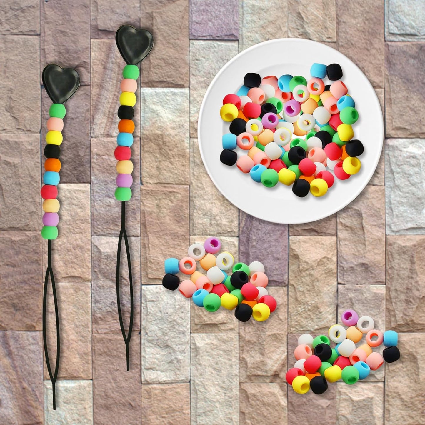50Pcs Girls  & Girls Hair Beads, Silicone Decors with Colorful Rubber Bands, Threader and Plastic Box - Pony Beads 