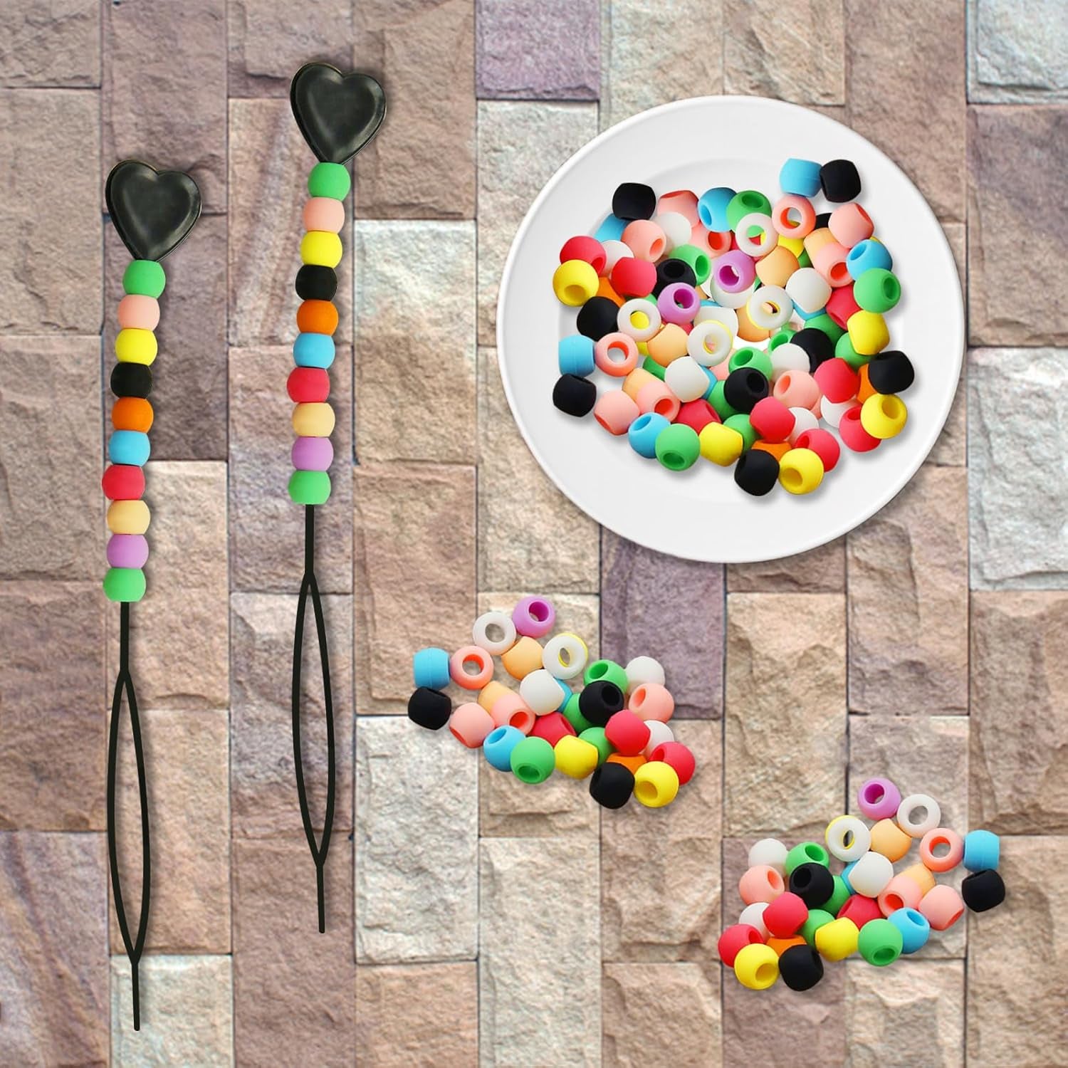 50Pcs Girls  & Girls Hair Beads, Silicone Decors with Colorful Rubber Bands, Threader and Plastic Box - Pony Beads 