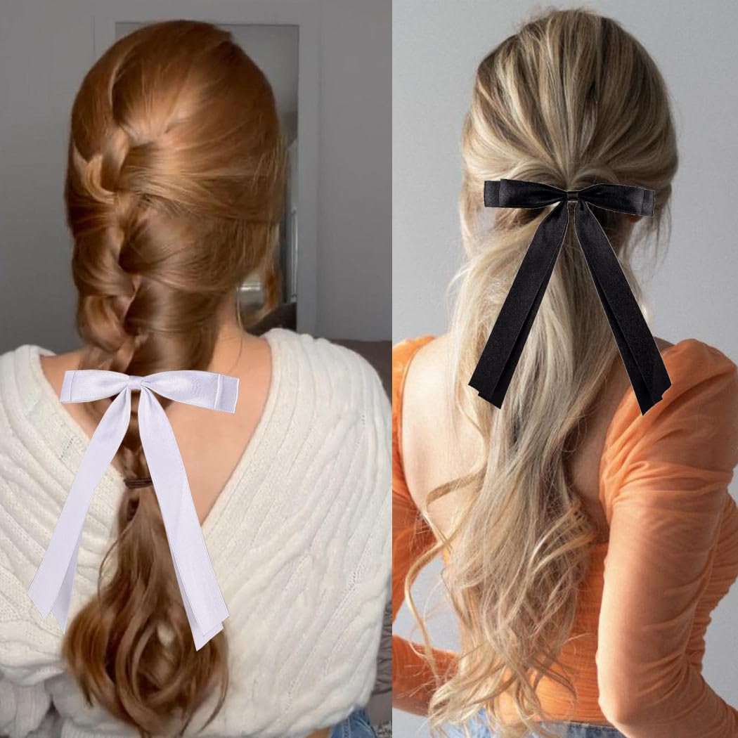 Silky Satin 3Pcs Hair Bows  Barrettes Metal Clips  for Women Hair Ribbon Long Tail 