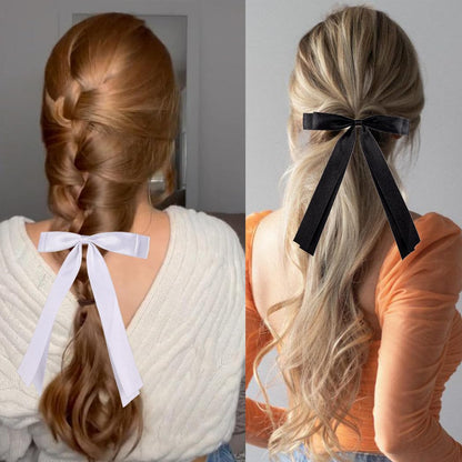 Silky Satin 3Pcs Hair Bows  Barrettes Metal Clips  for Women Hair Ribbon Long Tail 