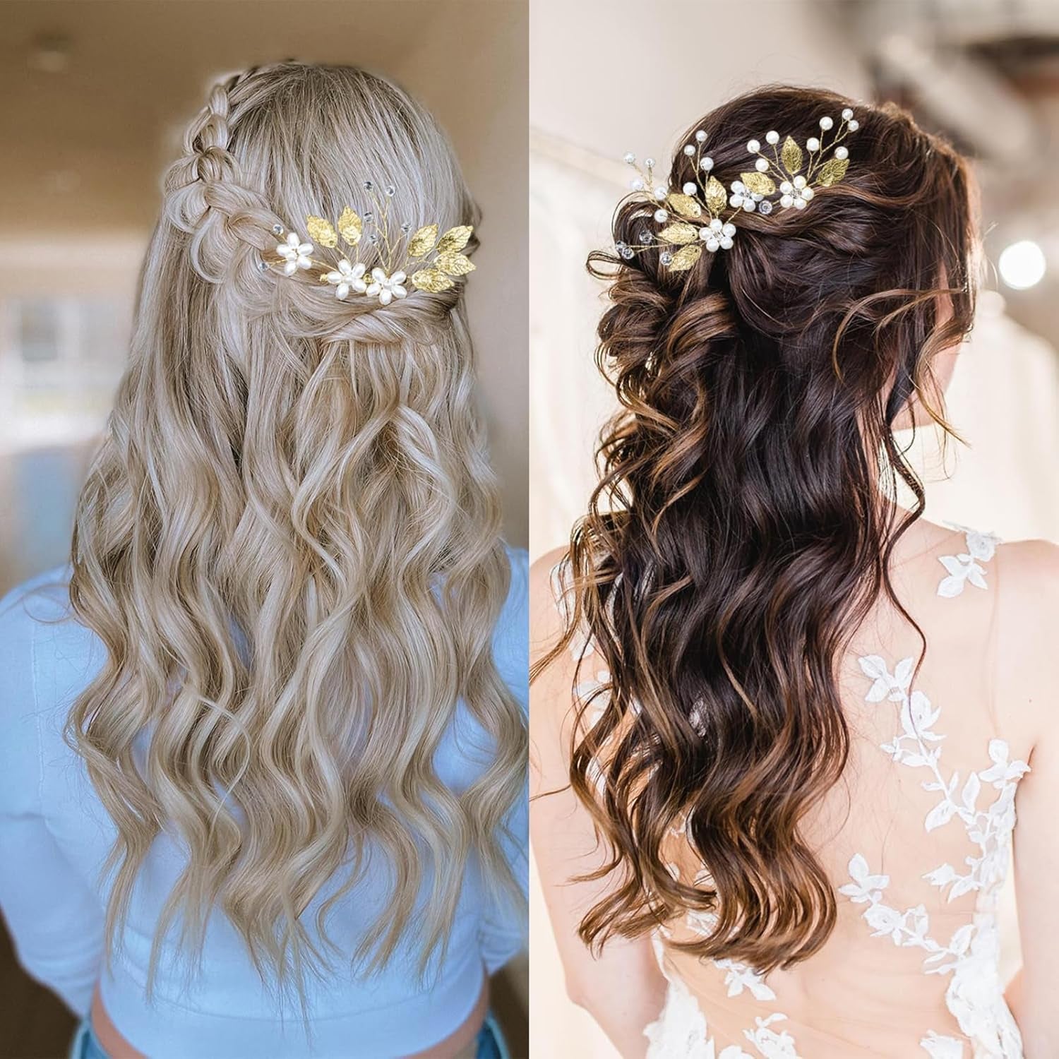 6 Pieces Wedding Pins Gold Leaf Bridal Head Piece Crystal Pearl Floral Hair Vintage Wedding Hair Clips 