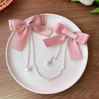 Satin Bow Clips Pearl Tassel Chain Barrettes Pink Claw Clip Hairpins Sweet 