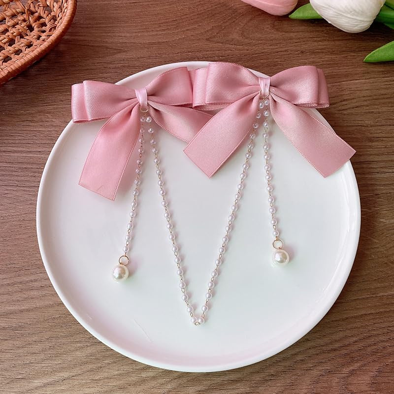 Satin Bow Clips Pearl Tassel Chain Barrettes Pink Claw Clip Hairpins Sweet 