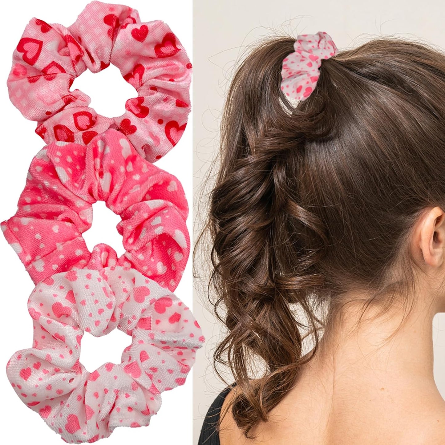 Heart Hair Scrunchies Elastics Hair Band Ponytail Holder Velvet Hair Ropes for Women Girls Valentines Hair Accessories Pink White Red 3PCS