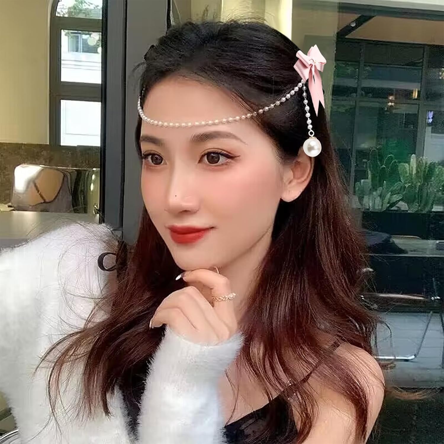 Satin Bow Clips Pearl Tassel Chain Barrettes Pink Claw Clip Hairpins Sweet 