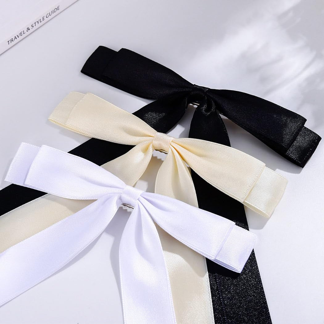 Silky Satin 3Pcs Hair Bows  Barrettes Metal Clips  for Women Hair Ribbon Long Tail 