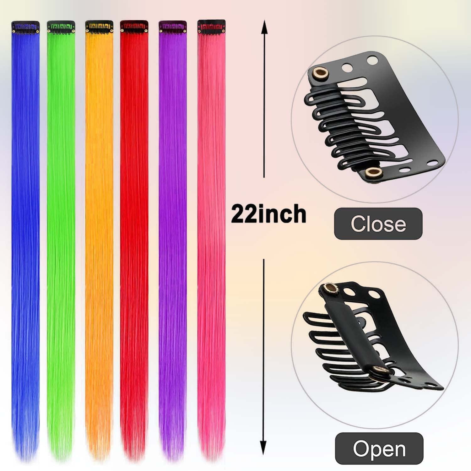 Colored Clip in Hair Extensions 22" Colorful Hair Extensions Rainbow Party Highlights Synthetic Hairpieces (36 Colors Set)