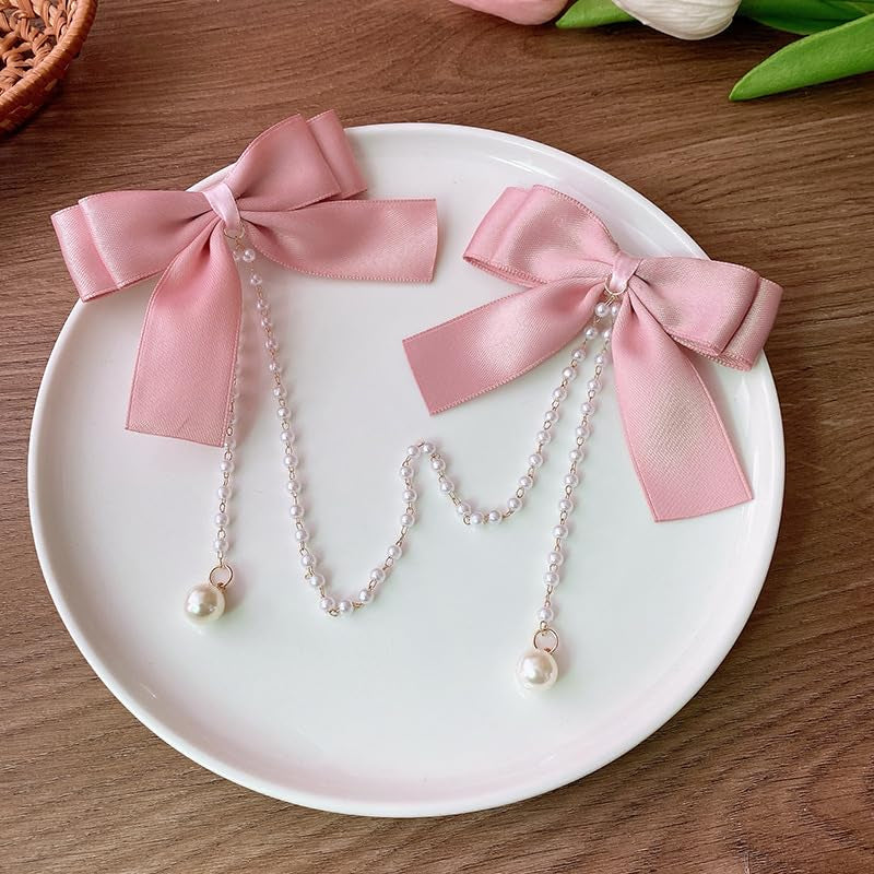 Satin Bow Clips Pearl Tassel Chain Barrettes Pink Claw Clip Hairpins Sweet 