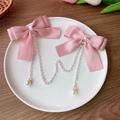 Satin Bow Clips Pearl Tassel Chain Barrettes Pink Claw Clip Hairpins Sweet 