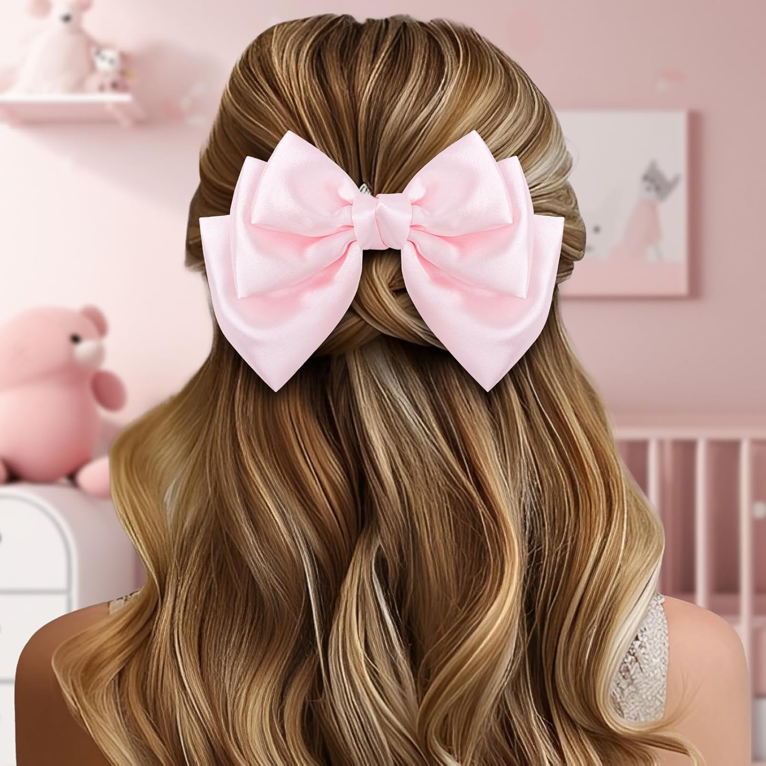  Hair Pink Oatmeal 2Pcs Bows for Women Alligator Hair Satin Silk Barrettes Coquette Bows Hair Accessories 