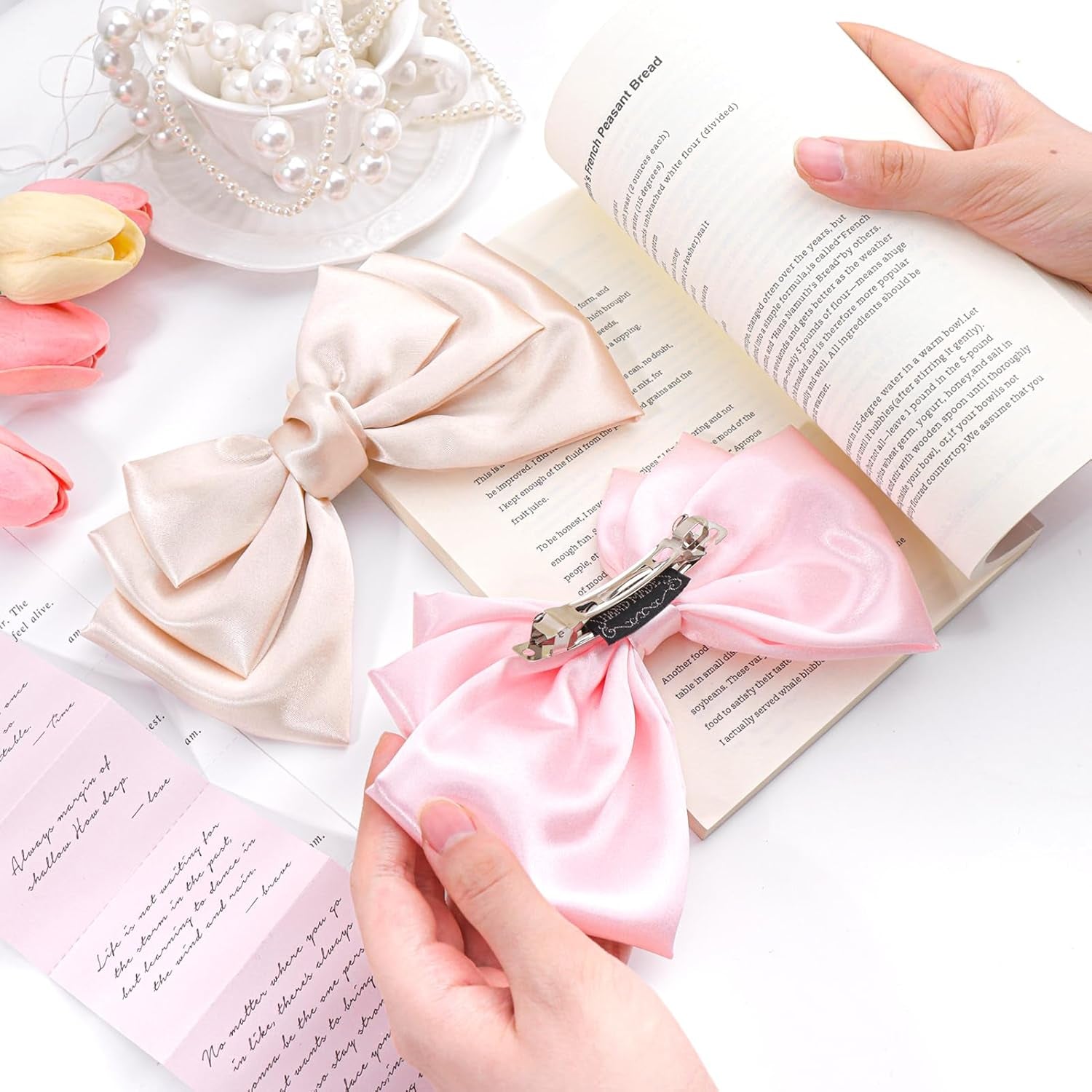  Hair Pink Oatmeal 2Pcs Bows for Women Alligator Hair Satin Silk Barrettes Coquette Bows Hair Accessories 