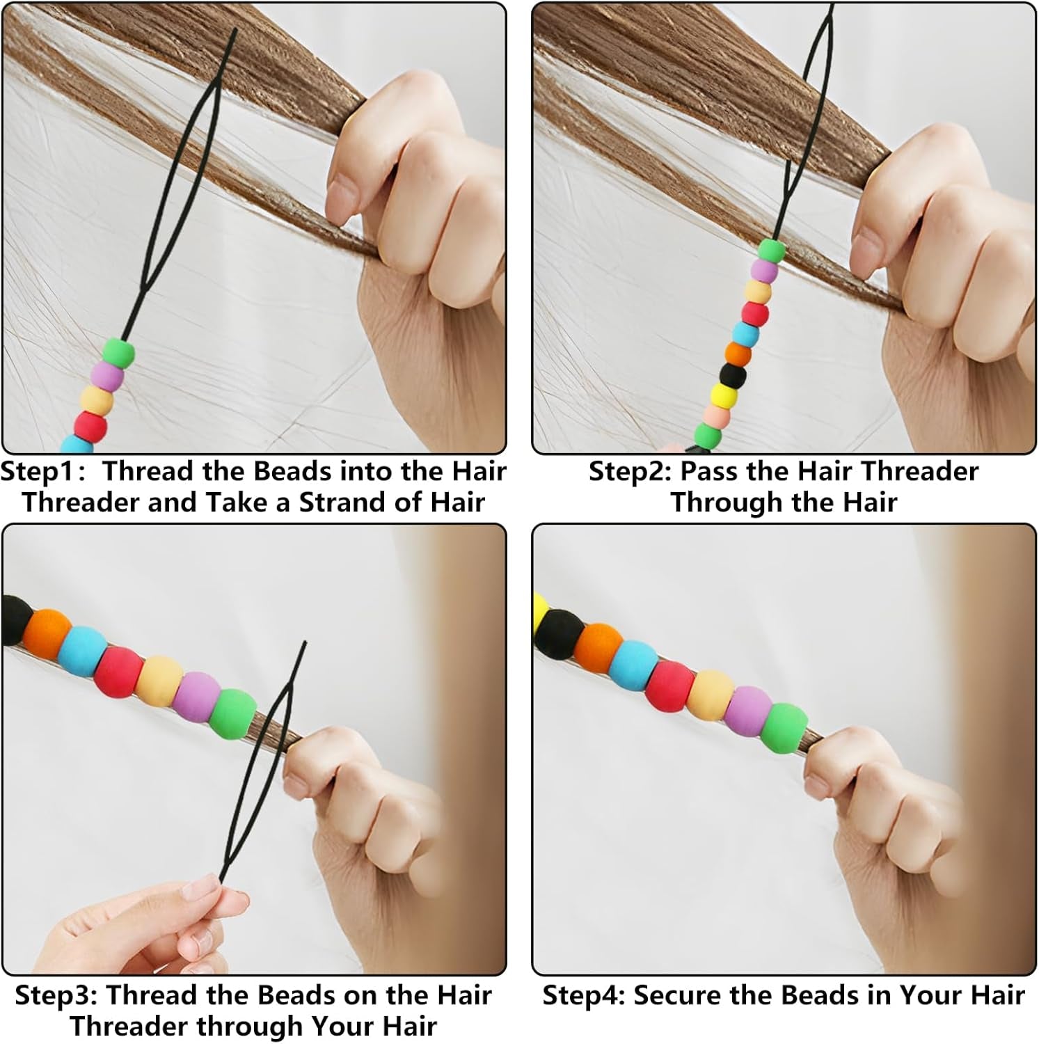 50Pcs Girls  & Girls Hair Beads, Silicone Decors with Colorful Rubber Bands, Threader and Plastic Box - Pony Beads 