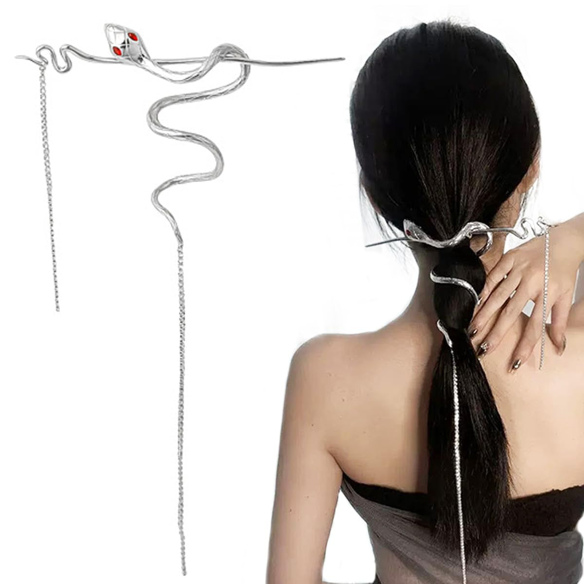Metal Snake Hair Sticks Rhinestone Tassel Chopsticks Metal Distortion Punk Hairpin Headwear Vintage Gothic Hair Chain Hair Rope