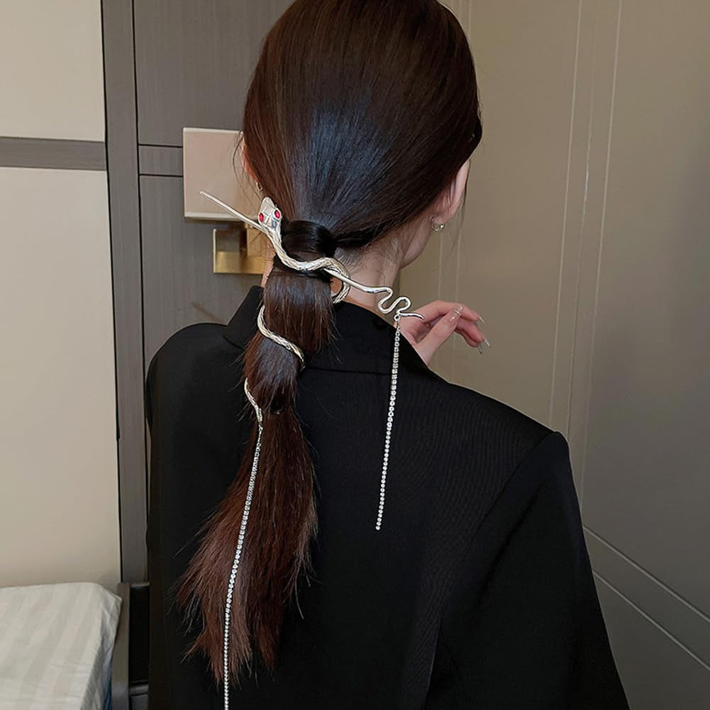 Metal Snake Hair Sticks Rhinestone Tassel Chopsticks Metal Distortion Punk Hairpin Headwear Vintage Gothic Hair Chain Hair Rope